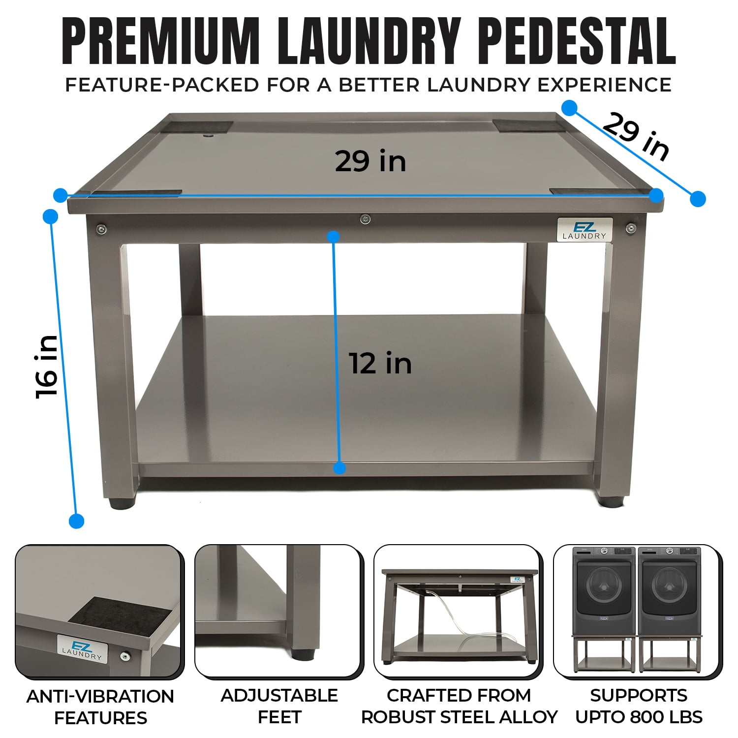 EZ Laundry Pedestal 29" x 16" Washer and Dryer Platform Stand – Steel Frame, Grey