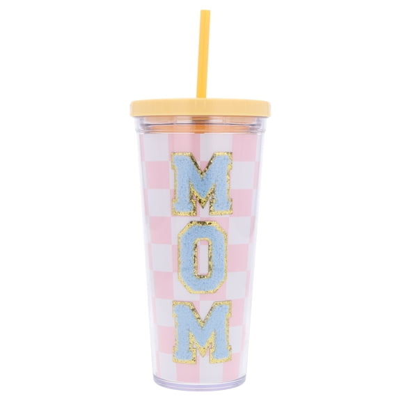 Checkered Mom Patch Tumbler with Straw, Pink, 24 oz, Mother's Day by Way To Celebrate