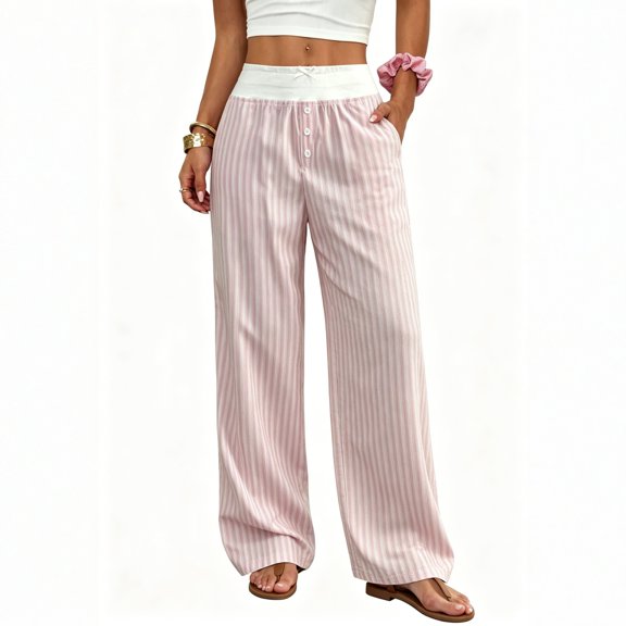 Striped Wide Leg Lounge Pants for Women High Waist Elastic Waist Casual Pants with Button Detail Loose Fit Trousers