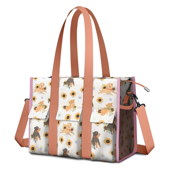 Teacher Tote Bag,Dogs with Sunflowers Teacher Utility Tote Bag,Large Work Tote Bags for Women with Multiple Pockets,Top Zipper Closure,13.8x10.6x6.7 Inch