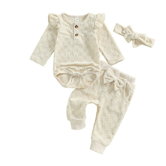Odeerbi 0-18 Months Baby Girls Cotton Outfits Layette Set Solid Color Long Sleeve Bodysuit Bow Sweatpants Headband Three Pieces Set Baby Girls Clothes