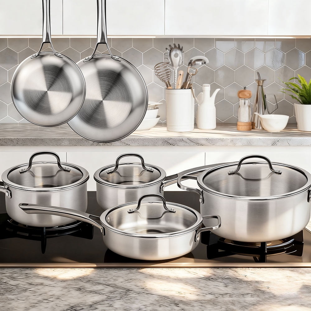 Ktaxon 10-Piece Stainless Steel Cookware Set, 3 Ply Pots and Pans Kitchen Set, Oven Dishwasher Safe, Compatible for Most Cooktops