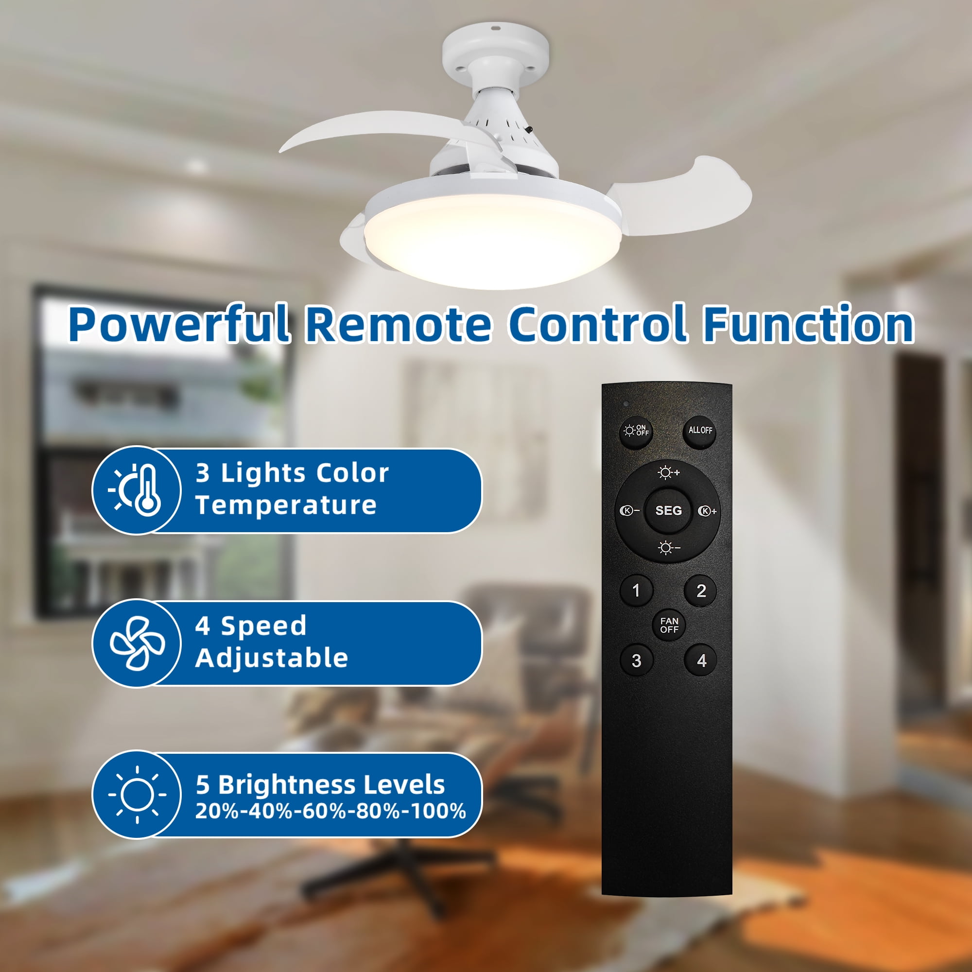 Garwarm 16 in Retractable Ceiling Fan with Lights and Remote, Low Profile Socket Fan Light, Dimmable 3000K-6500K Flush Mount Ceiling Fan with Timer, Low Noise for Bedroom Kitchen