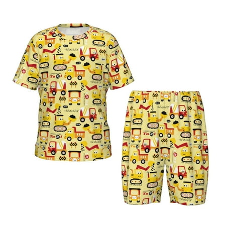 Luyuia Funny Construction Vehicles Print Girls  2-Piece Tie-Dye Pajama Set  Cute Summer Loungewear with Shirt and Tank Shorts Nightwear-Medium