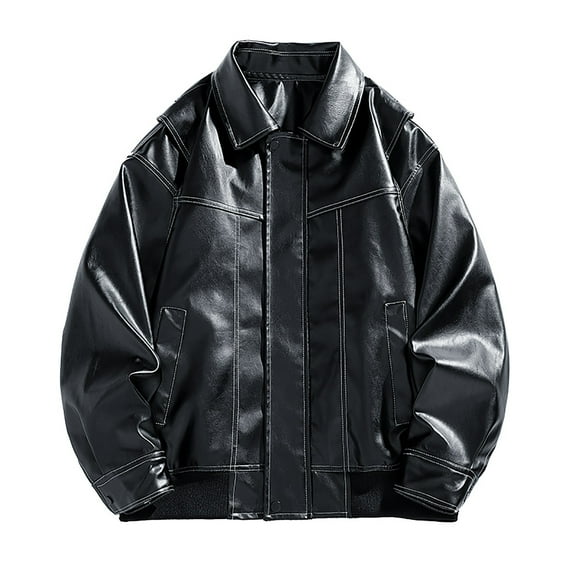 Men's Leather Motorcycle Jacket, Casual Biker Coat with Multiple Pockets, Full Sleeve Synthetic Riding Jacket for Fall and Winter Outdoor Wear