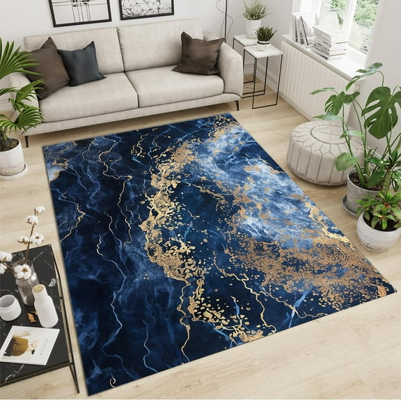 Navy Blue and Gold Marble Area Rug, Retro and Luxurious Noise Reduction Carpet, Washable Carpet Soft Anti-Slip Backing for Living Room Bedroom Entryway Study Indoor 2x3ft