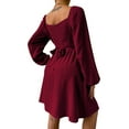 thumbnail image 4 of SAYOO Vestido de primavera para mujer, vestido de cintura alta fruncido con cuello cuadrado liso de manga larga, trajes hasta la rodilla con lazo en la cintura para mujer SAYOO  moda, 4 of 5