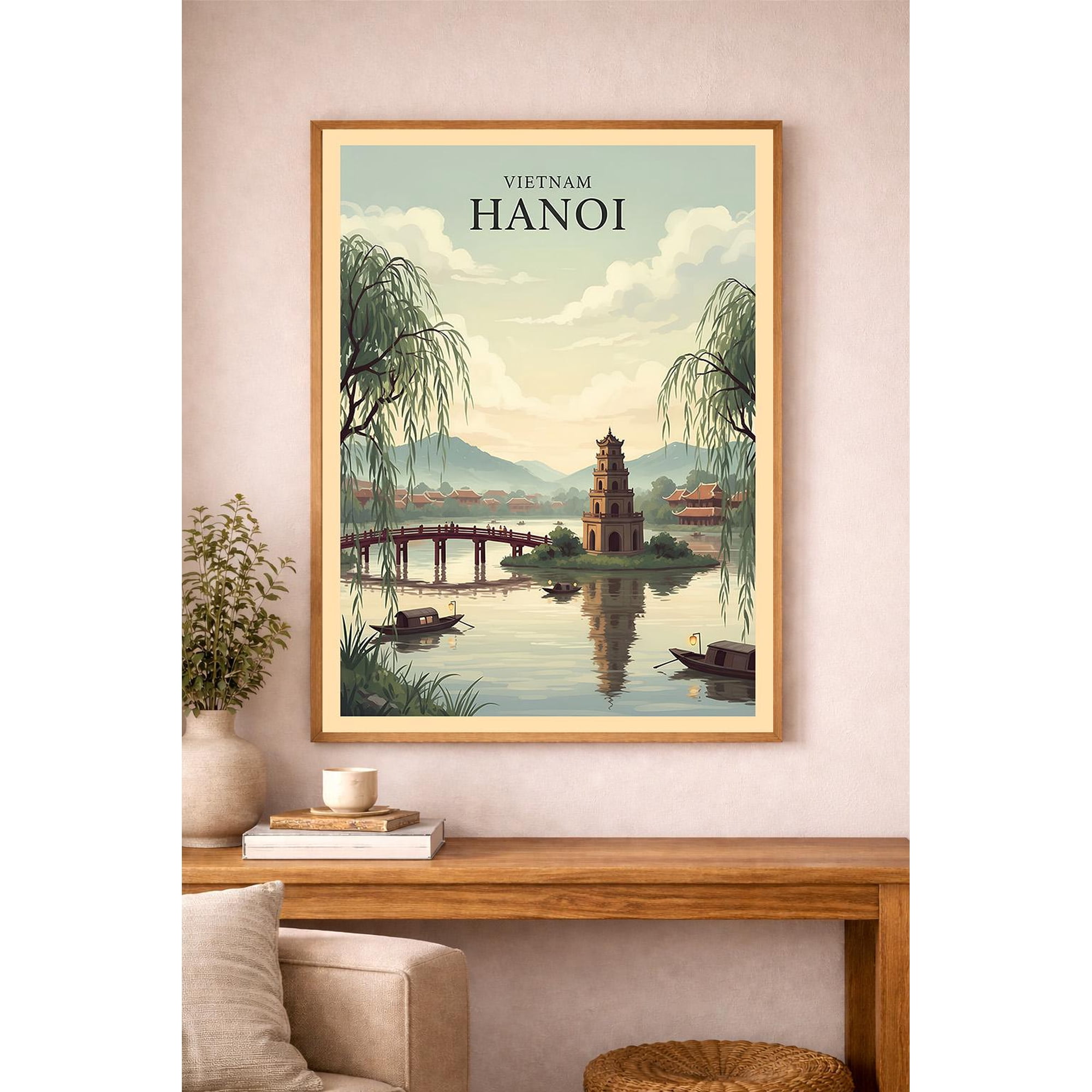 Hanoi Vietnam Travel Poster Hoan Kiem Lake Vintage Wall Art , Poster Print Only