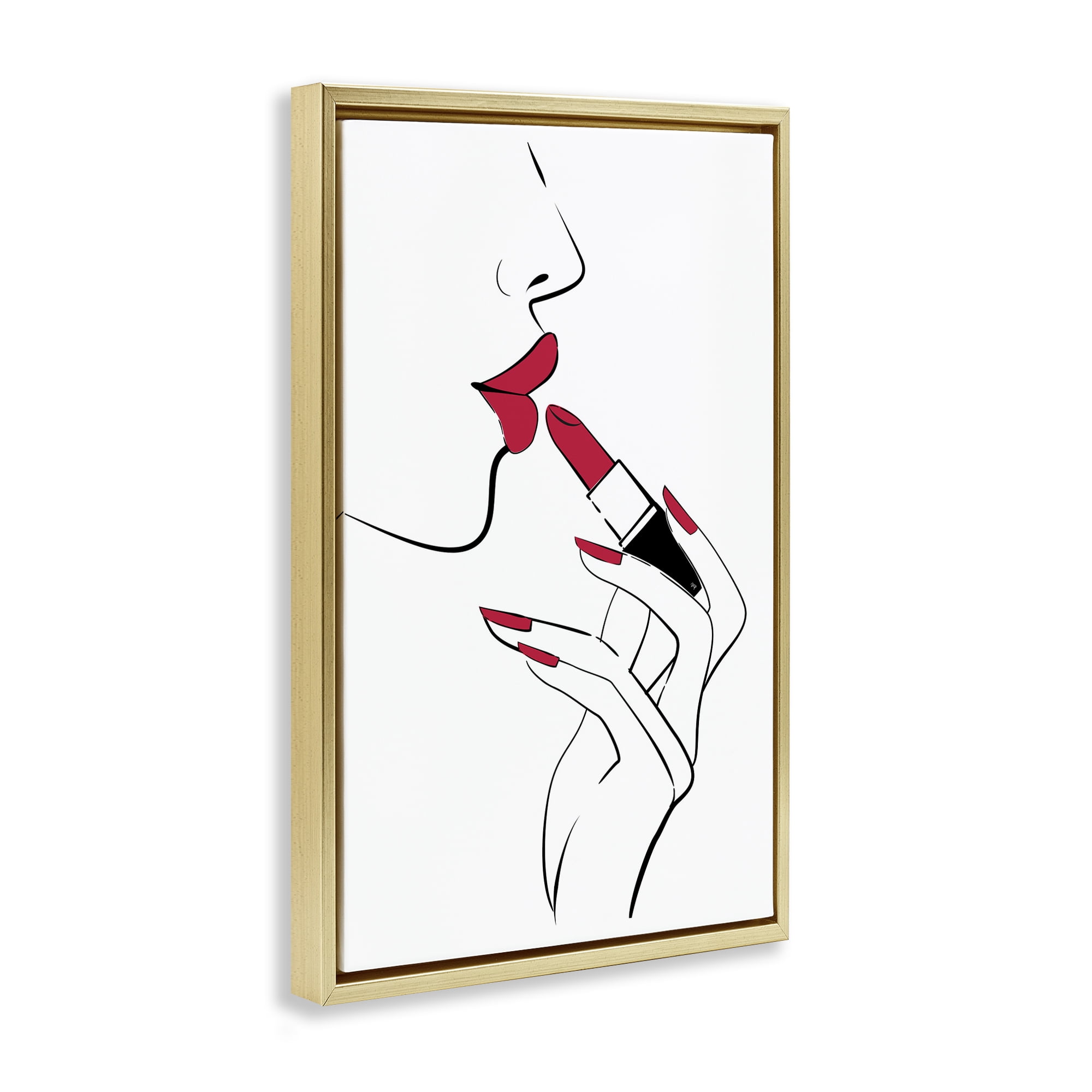 Stupell Industries Red Lips Makeup Novelty Painting Gold Floater Framed Art Print Wall Art, 17 x 25