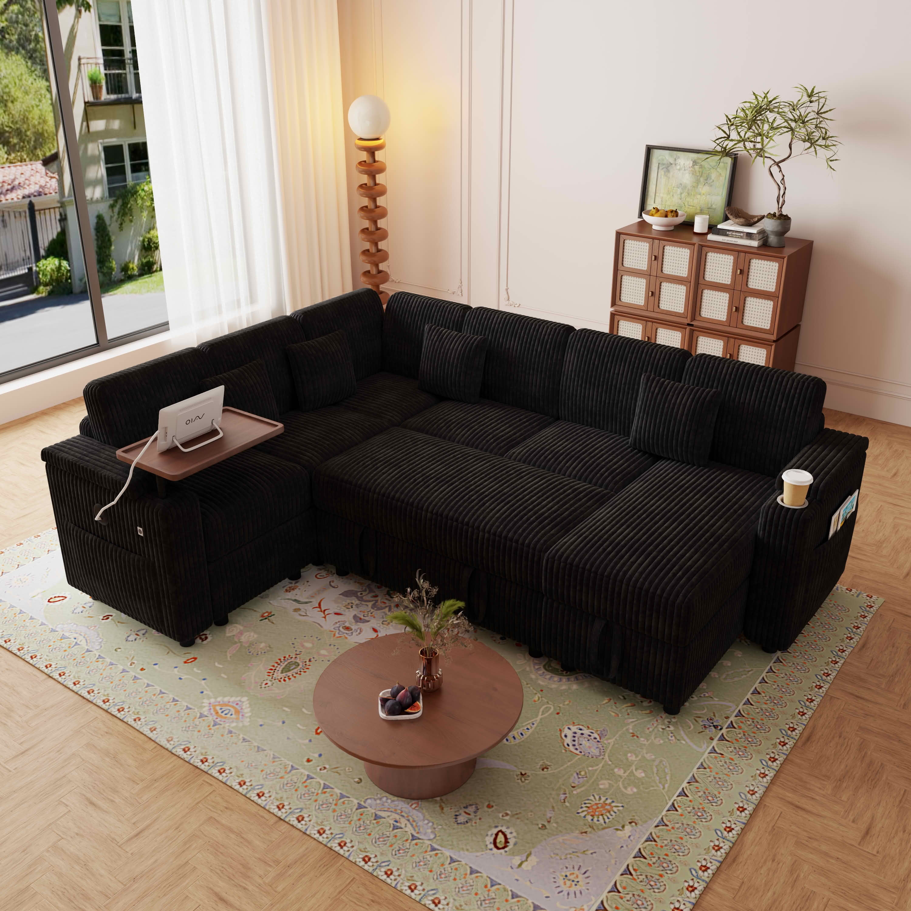 MAYEERTY 100-Inch Black Corduroy 7-Seat U-Shaped Pull-Out Sofa Bed, Modular Sectional Couch with USB Ports, Cup Holder & Storage