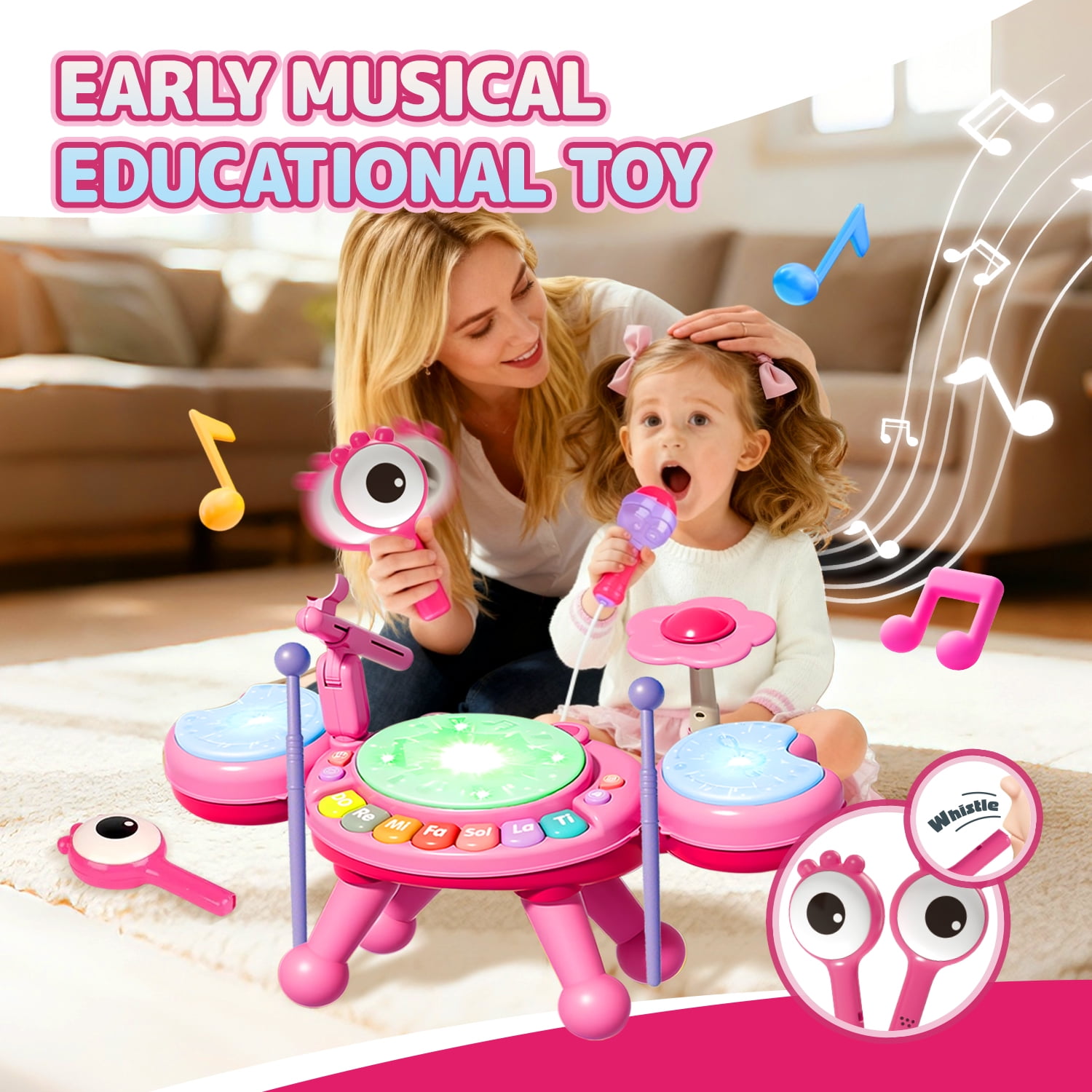 LINXUXIE Crab Drum Instruments Set, Kids Musical Toy with Microphone, Birthday Gifts for 1-3 3-5 5-8 Year Old