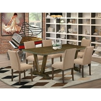 Wooden Dining Table Set - 7 Piece Kitchen Table & 6 Upholstered Chairs - Distressed Jacobean