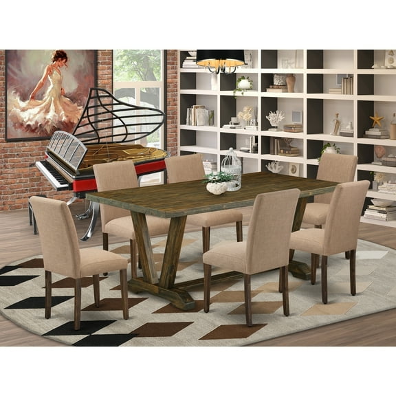Wooden Dining Table Set - 7 Piece Kitchen Table & 6 Upholstered Chairs - Distressed Jacobean