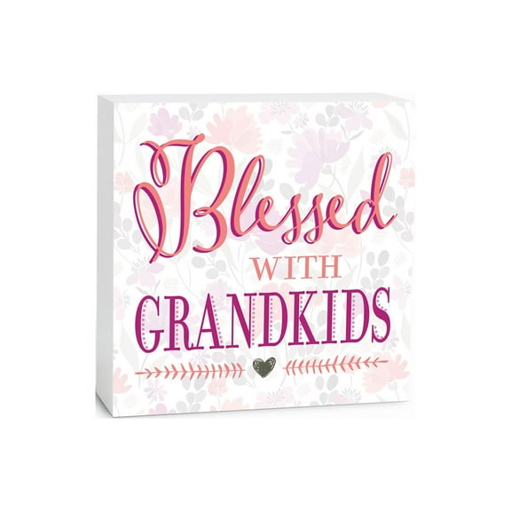 Blessed With Grandkids Pink Pastel Floral 5 x 5 Wood Tabletop Sign Plaque