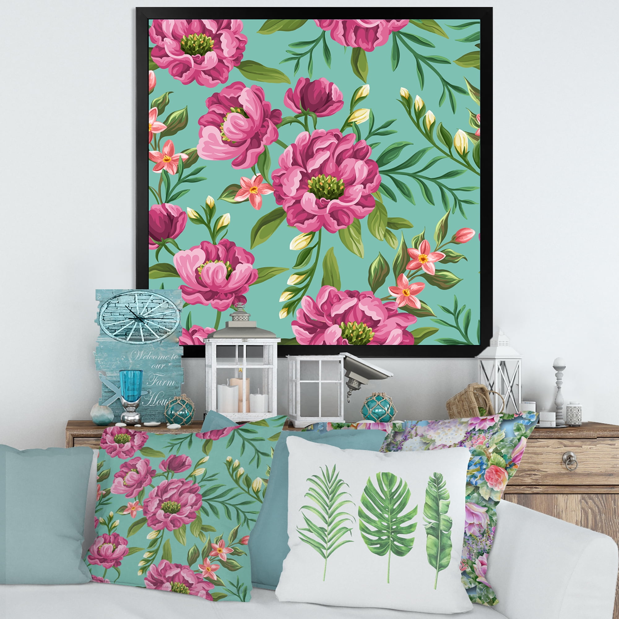Designart 'Fuchia Pink Flowers On Green VIntage' Traditional Framed Art Print