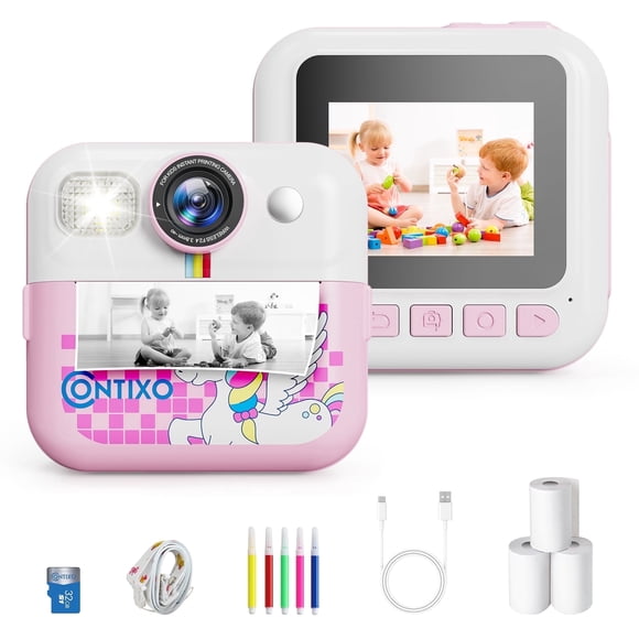 Contixo Kids KC4 Instant Cámara de Impresión, Cámara Digital HD 1080P con 3 Rollos de Papel y Tarjeta de 32G, Zoom 16X, Juegos y MP3, Edades 3-12, Pink
