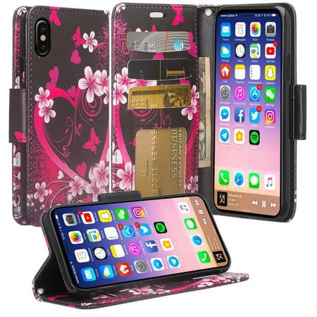iPhone Xs Case, Apple iPhone X Wallet Case, Wrist Strap Flip Folio [Kickstand Feature] Pu Leather Wallet Case with ID&Credit Card Slot For iPhone Xs 2018, Hot Pink