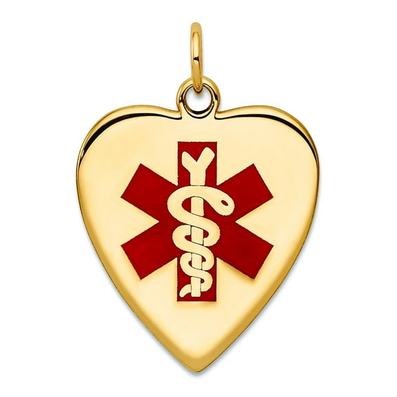 14k Yellow Gold Polished Love Heart-Shaped Enamel Engraveable Medical Jewelry Pendant Necklace 26x19mm Wide Pendant for