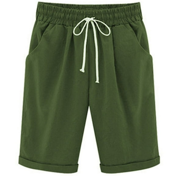 Bermuda Shorts for Women Summer Casual Cotton Pants Knee Length Bermuda Short Elastic Waist Drawstring Pocket Capris