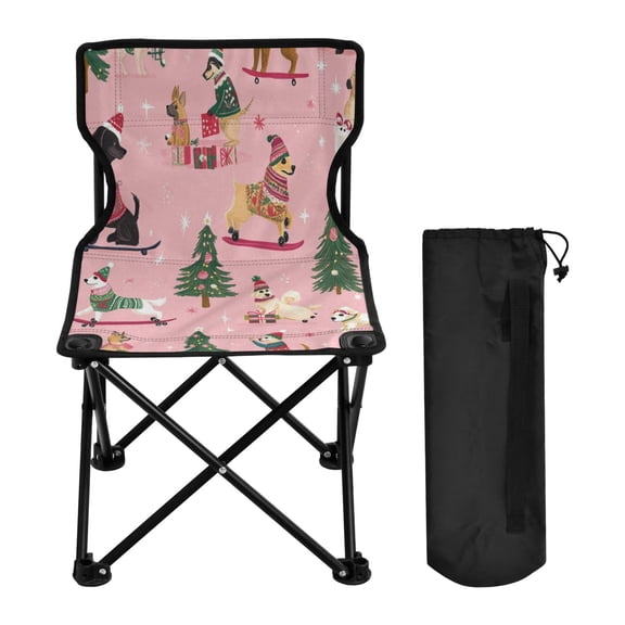 WOBOGO A Pink Background with Dogs in Christmas Costumes Camping Chair Convenient Four Corner Backrest Folding Stool Can Hold Up to 220lbs