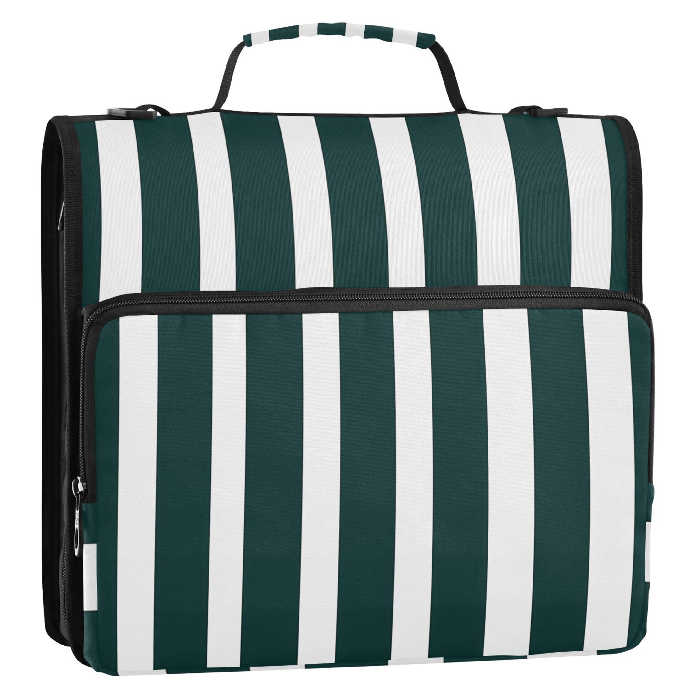 3 Ring Zipper Binder with Shoulder Strap Waterproof Trapper Keeper 2 Inch D-Ring 500 Sheets Capacity Dark Green and White Striped
