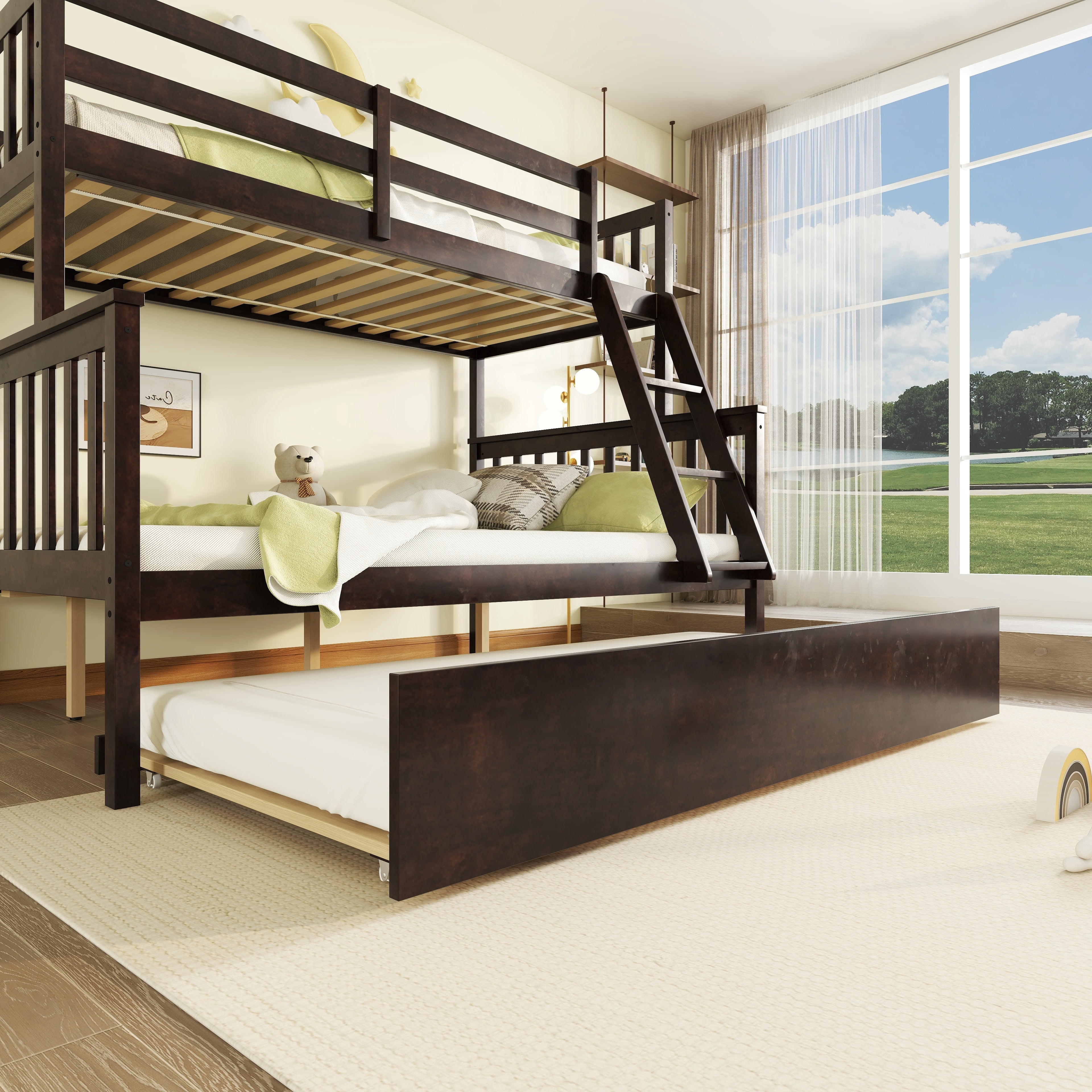 Sailvan Bunk Bed Twin Over Twin with Convertible Ladder and Guardrail, Convertible Bed