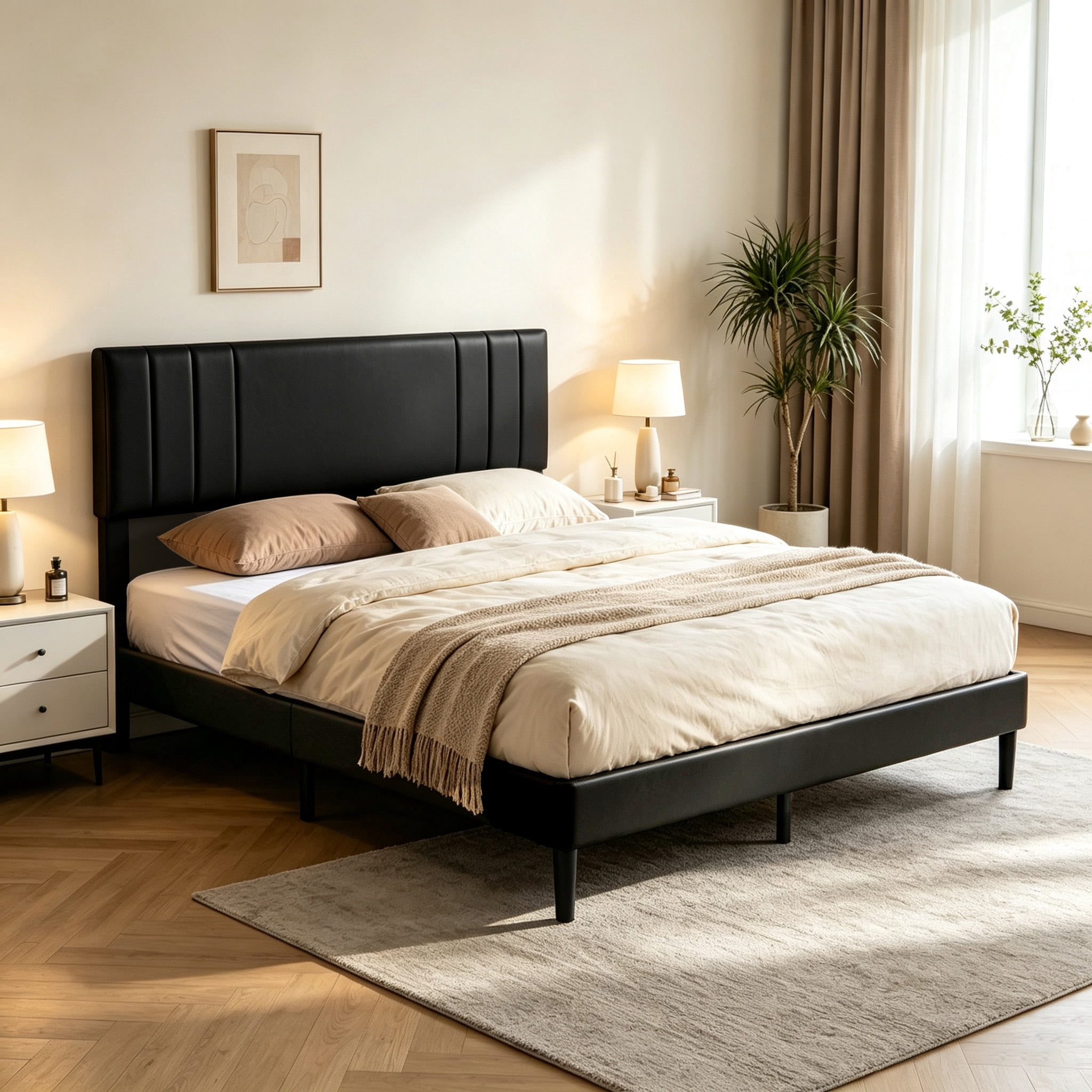 Gewnee Queen Size Bed Frame,Platform Bed with Upholstered Headboard,Modern Accent Bedroom Furniture,No Box Spring Needed,Black PU