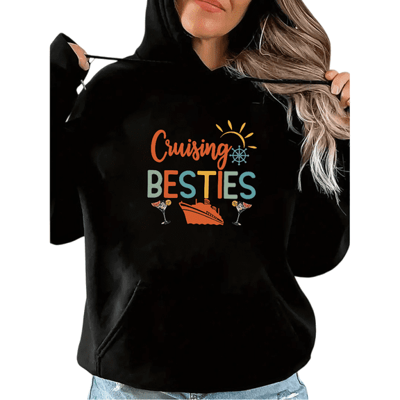 Women's "Cruising Besties" Graphic Comfortable Hoodie Top Casual Breathable Hooded long-sleeved Black S-2XL