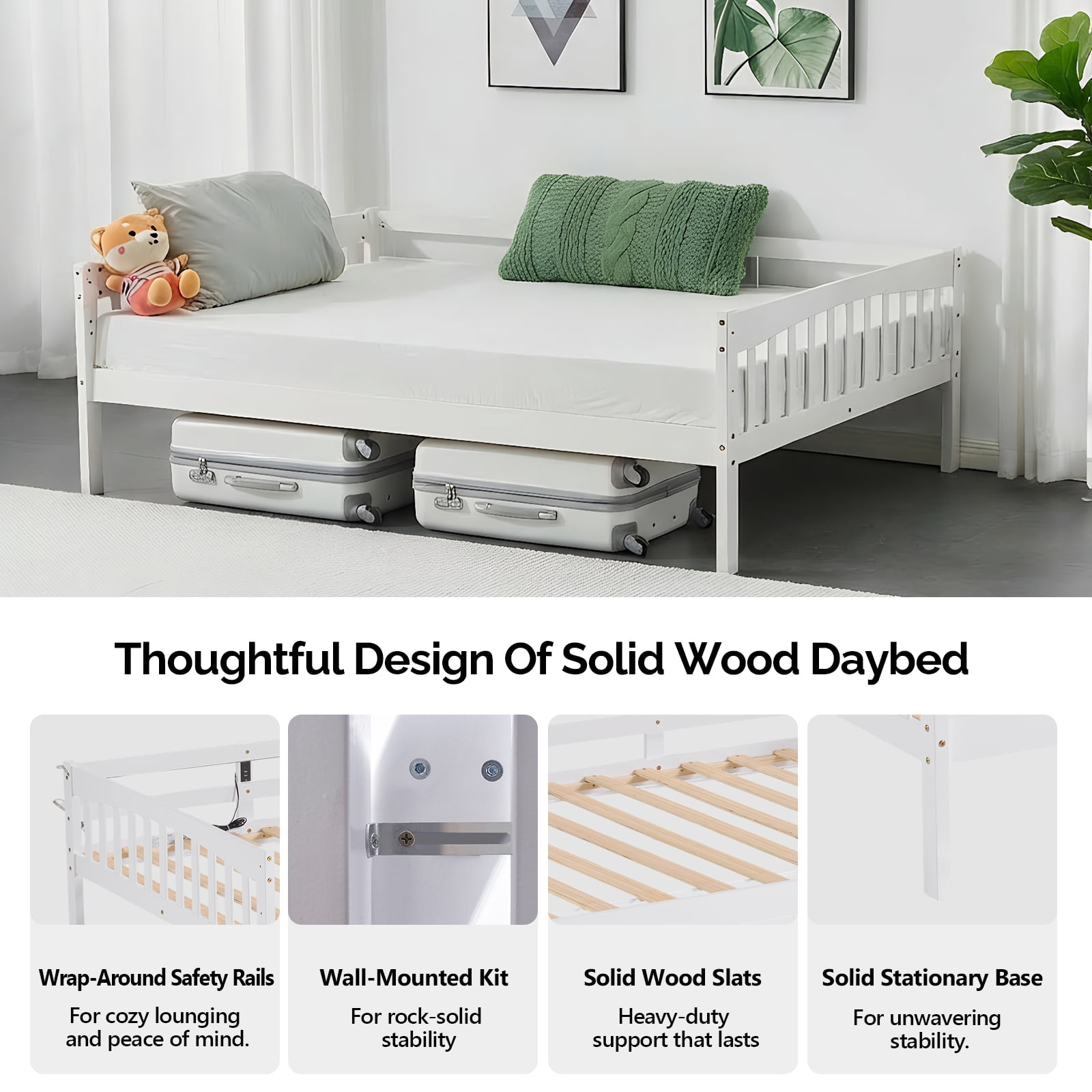 Zimtown Solid Wood Twin Daybed with Storage Underneath, Day Bed Frame with Charging Station and Lights, White
