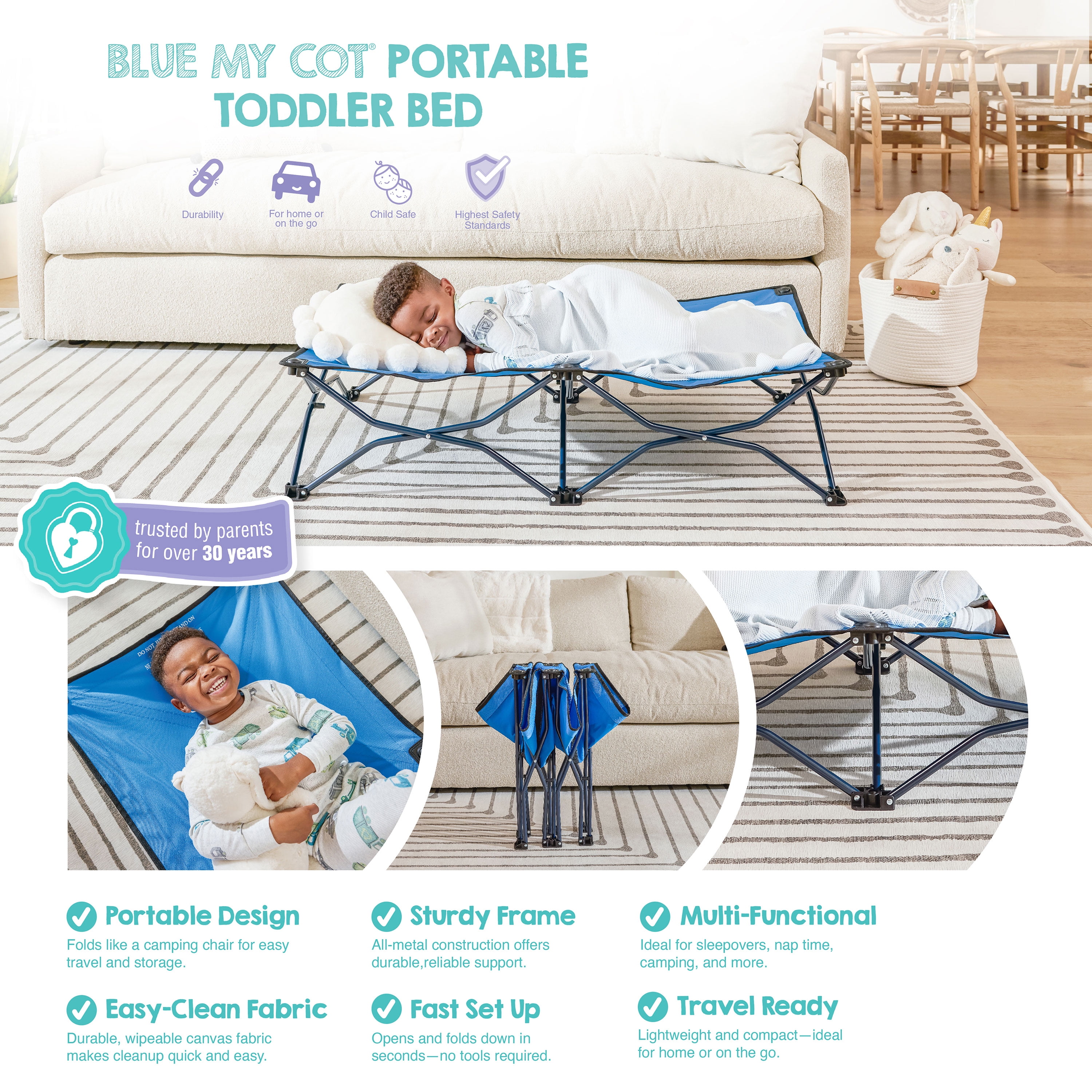 Regalo My Cot Portable Toddler Bed, Lightweight Foldable Travel Bed for Kids, Blue