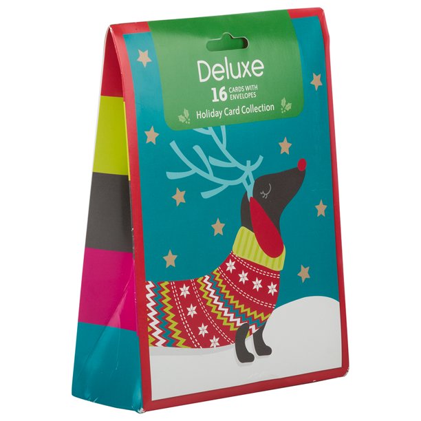 JAM Deluxe Christmas Cards Set, Blue Reindeer Dog, 16/Pack Walmart