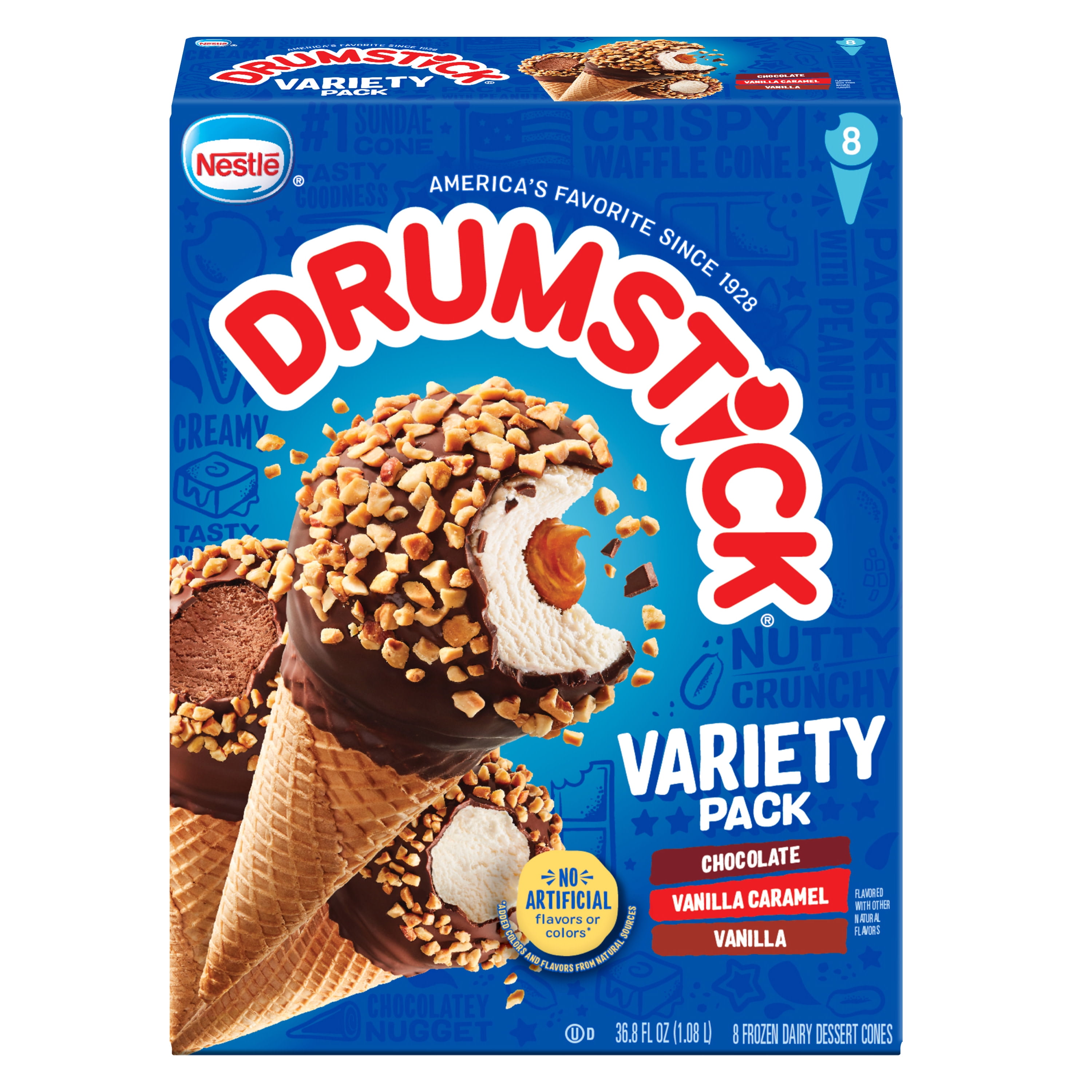 Drumstick Chocolate, Vanilla, Caramel Ice Cream Cones Variety Pack, 8