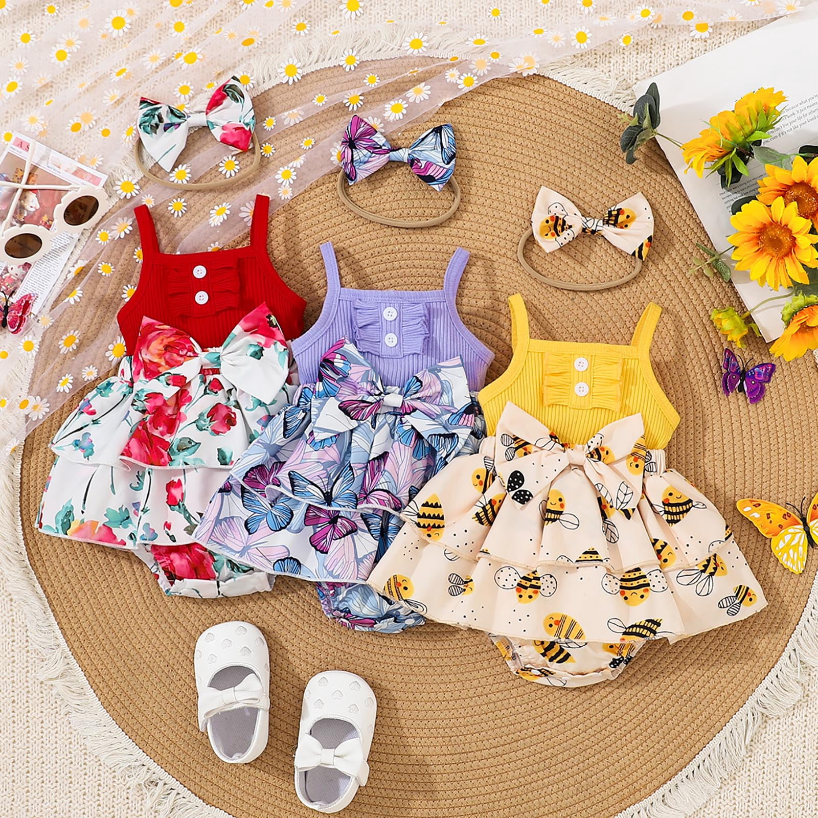 CAICJ98 Baby Girl Summer Clothes Flower Romper Dress Sleeveless Birthday Party Tiered Dress with Headband Infant Outfits (Red,0-3 Months)