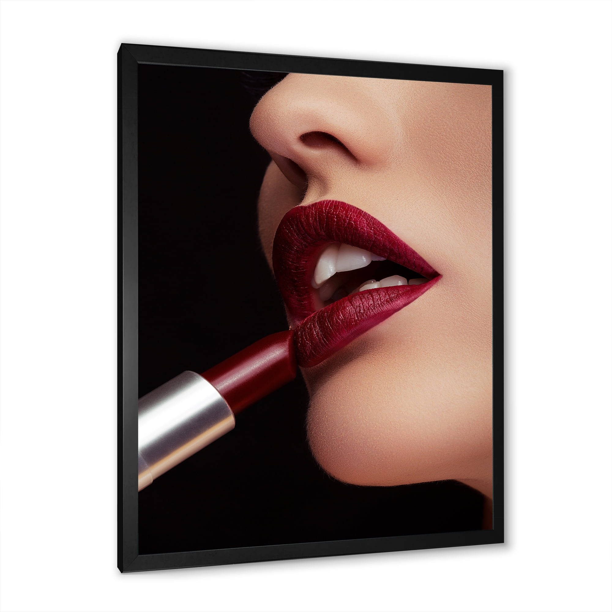 Designart 'Woman Applying Red Lipstick On Lips I' Modern Framed Art Print