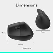 Logitech Lift Vertical Ergonomic Mouse, Wireless, Bluetooth or Logi Bolt USB Receiver, Quiet Clicks, 4 Buttons, Graphite