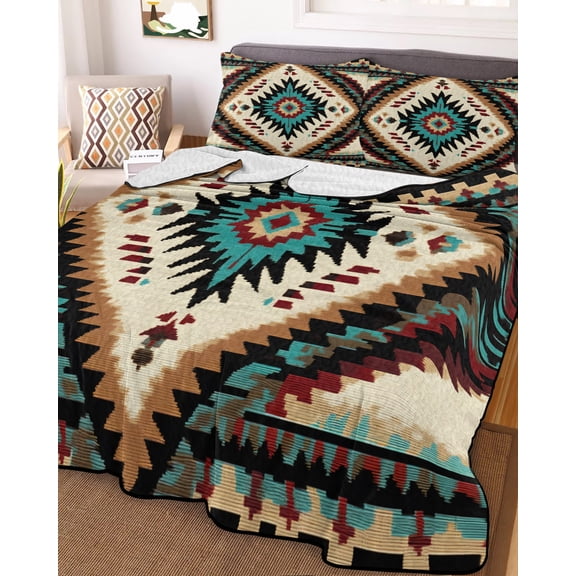 Brown Teal Red Boho King Size Down Alternative Comforter, Lightweight Comforter Quilt Bedding Set with Pillow Shams Southwestern Geometric Art Vintage All Seasons Bed Comforter Duvet Insert 96"x106"