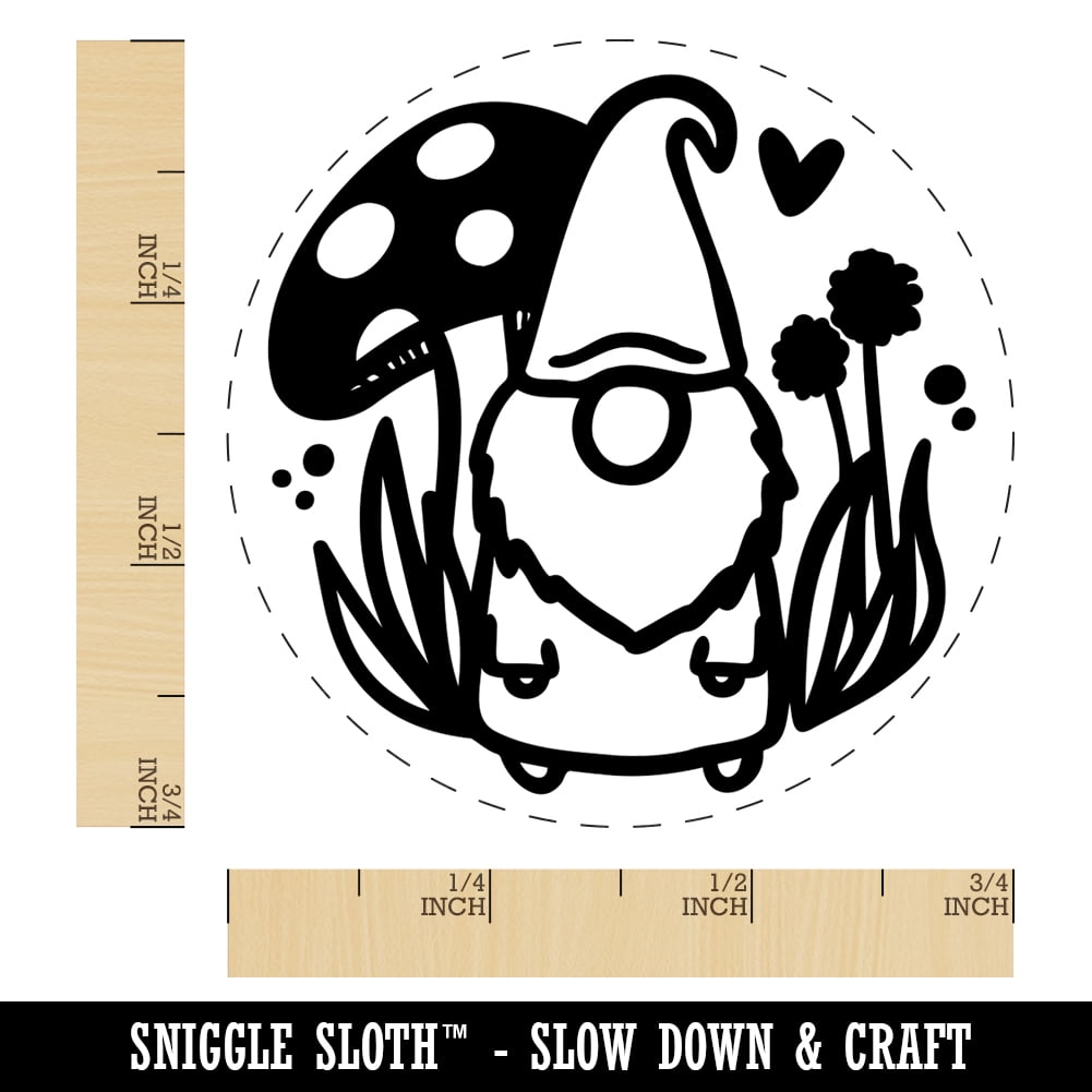 Enchanting Lovable Garden Gnome with Mushrooms Self-Inking Rubber Stamp Ink Stamper - Black Ink - Small 3/4 Inch