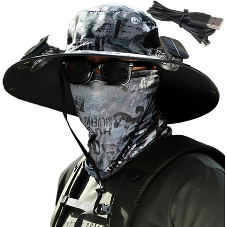 2024 New Wide Brim Solar Fan Outdoor Fishing Hat Mens Outdoor Wide Brim Sun Hat with 2 Solar Fan Fishing Hats Solar Fan Hat Upf50+ 3 Speed Adjustable Fan Hat