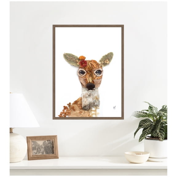 Kate and Laurel Framed Canvas Wall Art Print Deer with Flowers by Madeline Jeppesen, 18 x 24 Sylvie Walnut Frame, Rustic Farmhouse, Animal Art for Wall Decor