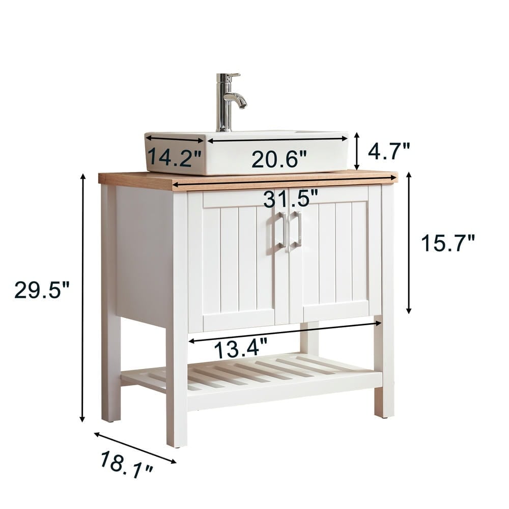 Canddidliike 32" Bathroom Vanity with Sink,Single Bathroom Vanities Cabinet with Doors and Open Shelf,Solid Wood Small Vanity with Sink Set for Indoor as Bathroom, White+Natural