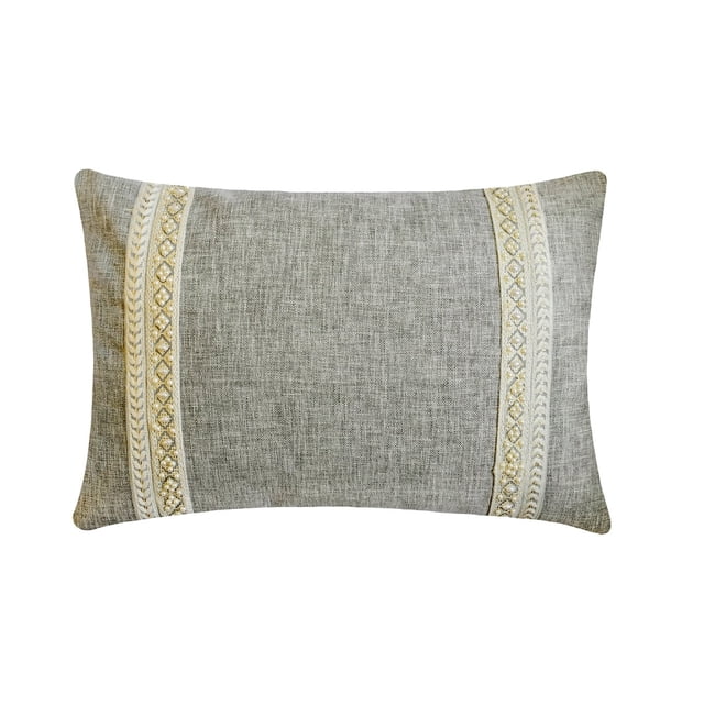 Funda de almohada lumbar decorativa HomeCentric, gris, 30 x 40 cm (12 x 16 pulgadas), con encaje de yute y perlas. Funda de almohada rectangular hecha a mano para sofá, cama, patio y exterior. Color