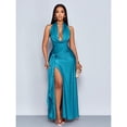 thumbnail image 4 of Teal Blue Womens Elegant Plunging Cowl Neck Tie-Front High Slit Maxi Dress For Party Cocktail Wedding Bridesmaid, 4 of 6