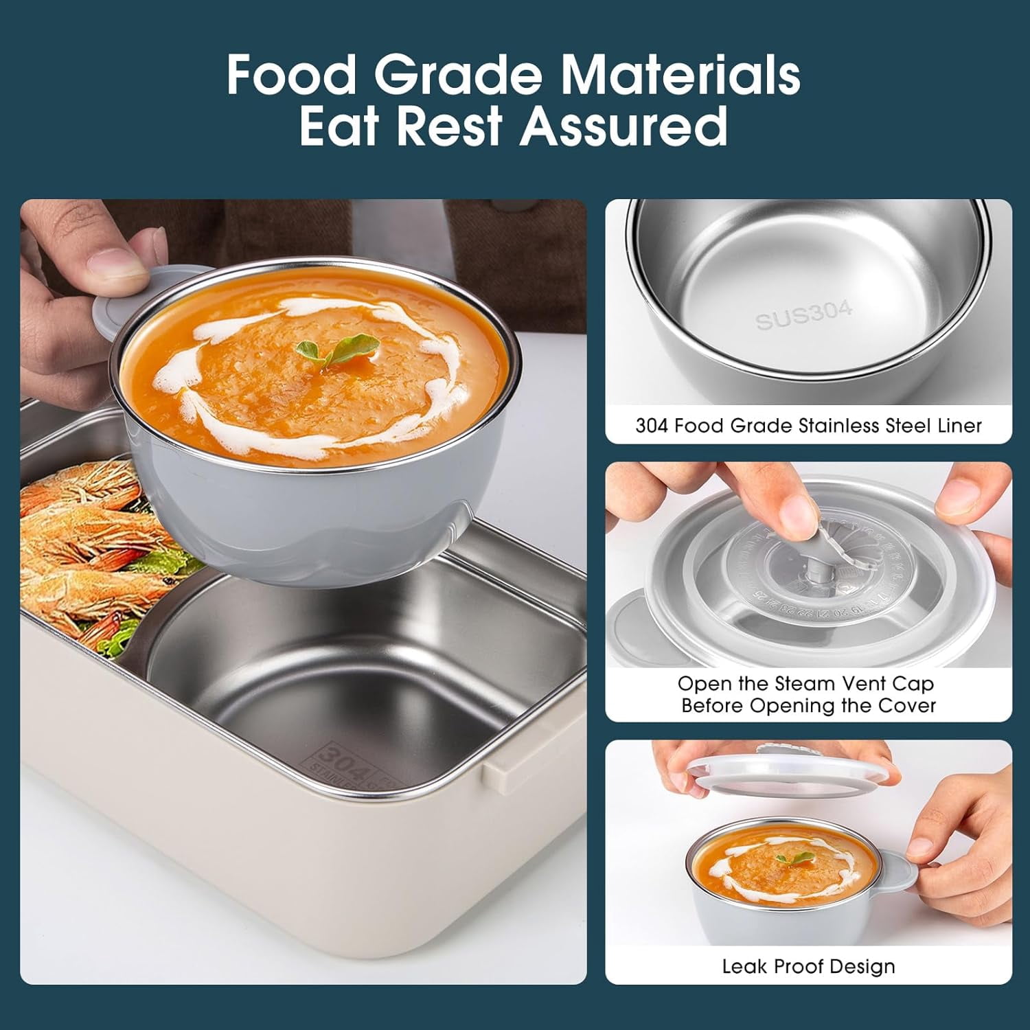 Stackable 2 Layer 304 Stainless Steel Bento Box Lunch Container with Soup Bowl, Spoon & Fork (2 Pack)