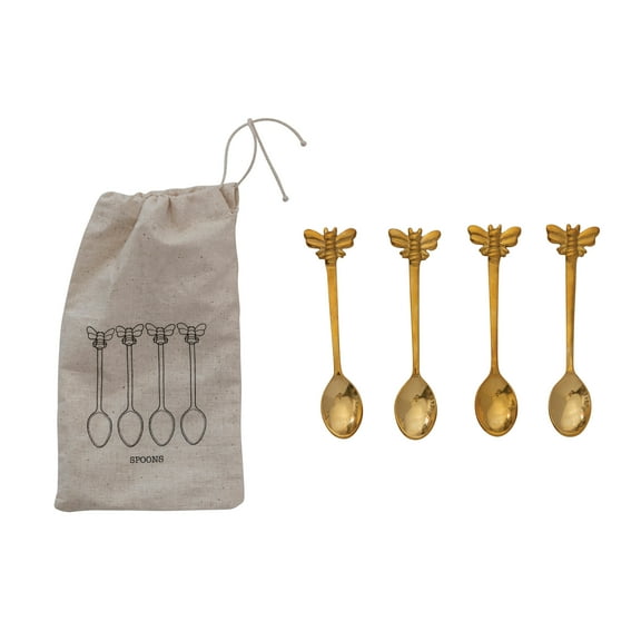 Creative Co-Op Farmhouse Brass Spoons with Bee Handles in Drawstring Bag, Brass Finish