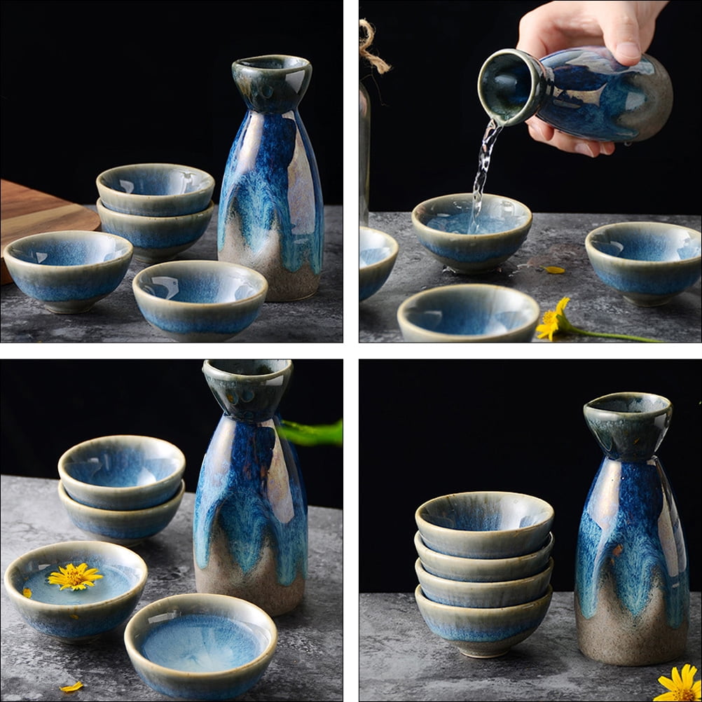 Omeite Japanese sake pot and wine cup set 1 pot and 4 cups (4 small cloth pattern wine glasses + 1 wine pot) - random pattern
