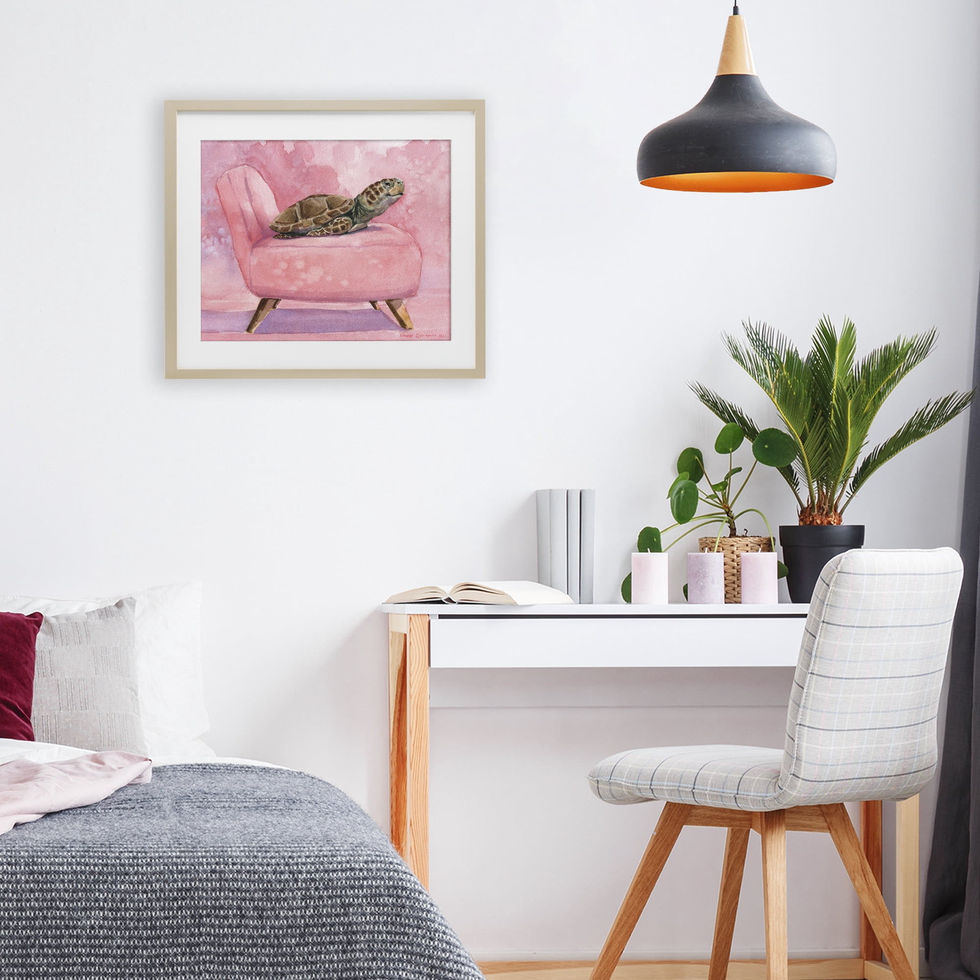 Stupell Industries Happy Turtle on Pink Chair Birch Framed Print Under Glass, design by George Dyachenko