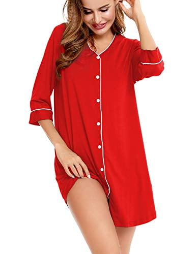 SWOMOG Women Button Down Nightshirt 3/4 Sleeve Nightgown Boyfriend Loungwear Soft Sleepwear V Neck Sleepdress
