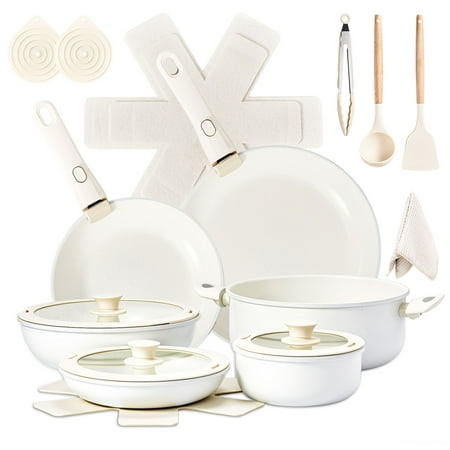 22-Piece Non-Stick Cookware Set - 6 Pots & 3 Lids with Removable Handles, Oven/Dishwasher Safe, 28cm Soup Pot, Cream White Aluminum