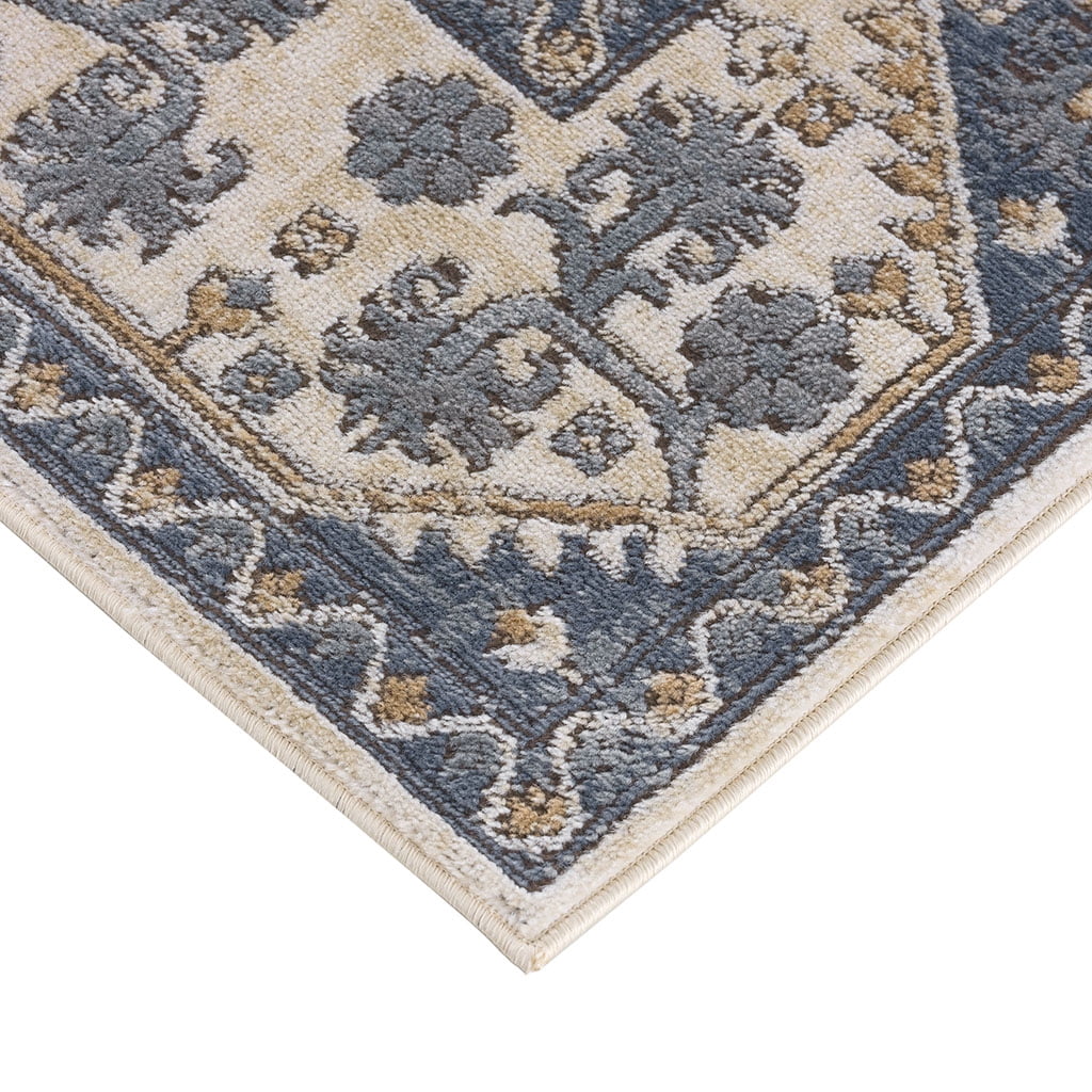 8x10ft Blue Cream Geometric Vienna Tile Rug Medium Pile 0.4” High-Traffic Fade Resistant Non-Slip Latex Backing Easy Clean Rug for Living Room