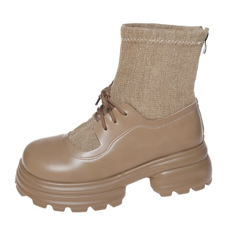 OJSFQUFP Womens Booties Ladies Fashion British Style Leather Fabric Panel Lace Up Thick Heel Ankle Boots Comfortable Fall Shoes Boot Heels for Women Khaki 37